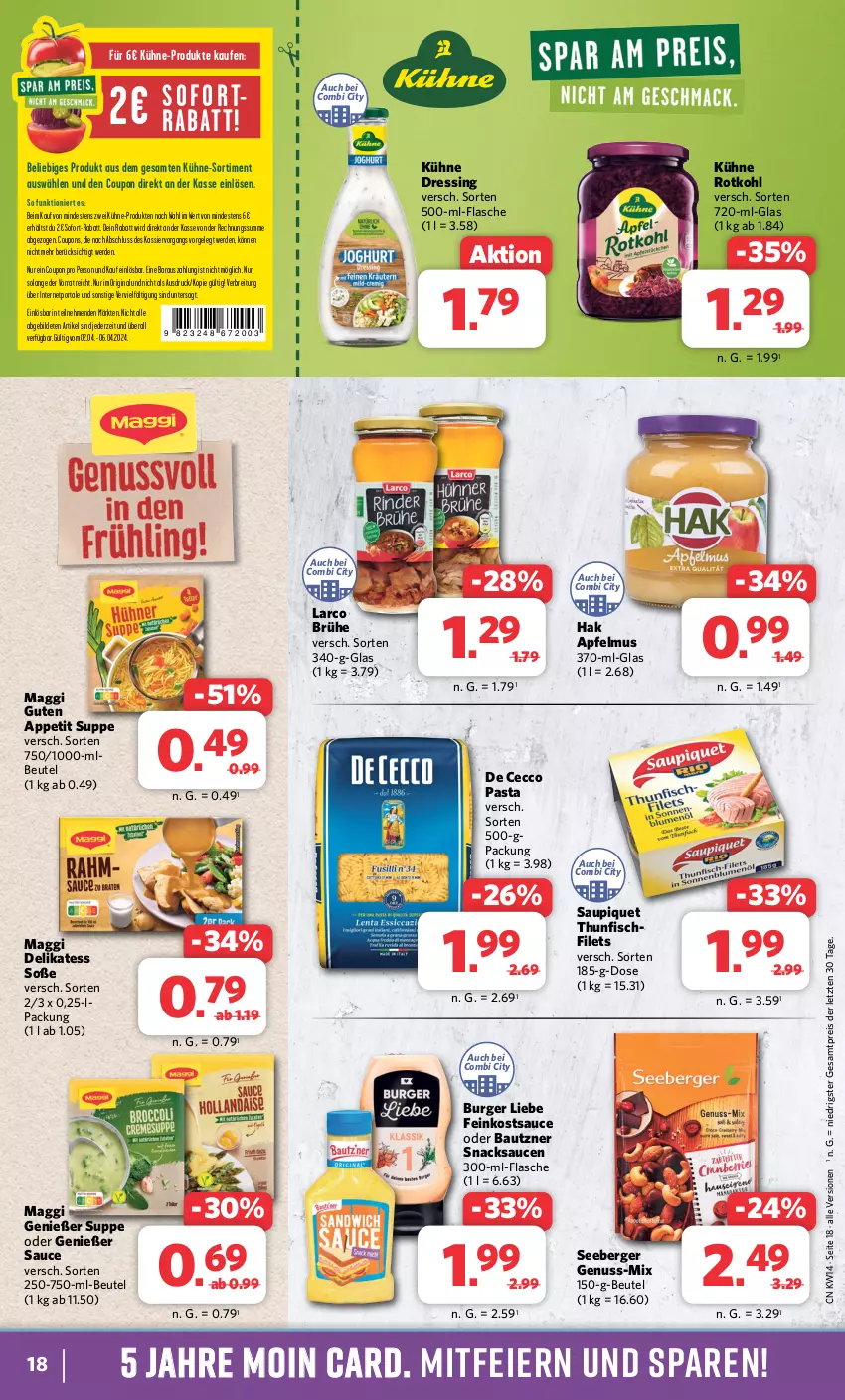 Aktueller Prospekt Combi - Prospekte - von 02.04 bis 06.04.2024 - strona 18 - produkty: apfel, apfelmus, Bau, bautzner, Berger, beutel, Brei, Brühe, burger, coupon, coupons, De Cecco, dressing, ecco, eier, eis, erde, feinkost, filet, filets, fisch, flasche, gin, Kühne, maggi, nuss, pasta, reis, rotkohl, sauce, saucen, saupiquet, seeberger, snack, snacks, sofort-rabatt, Soße, suppe, thunfisch, Ti, ZTE