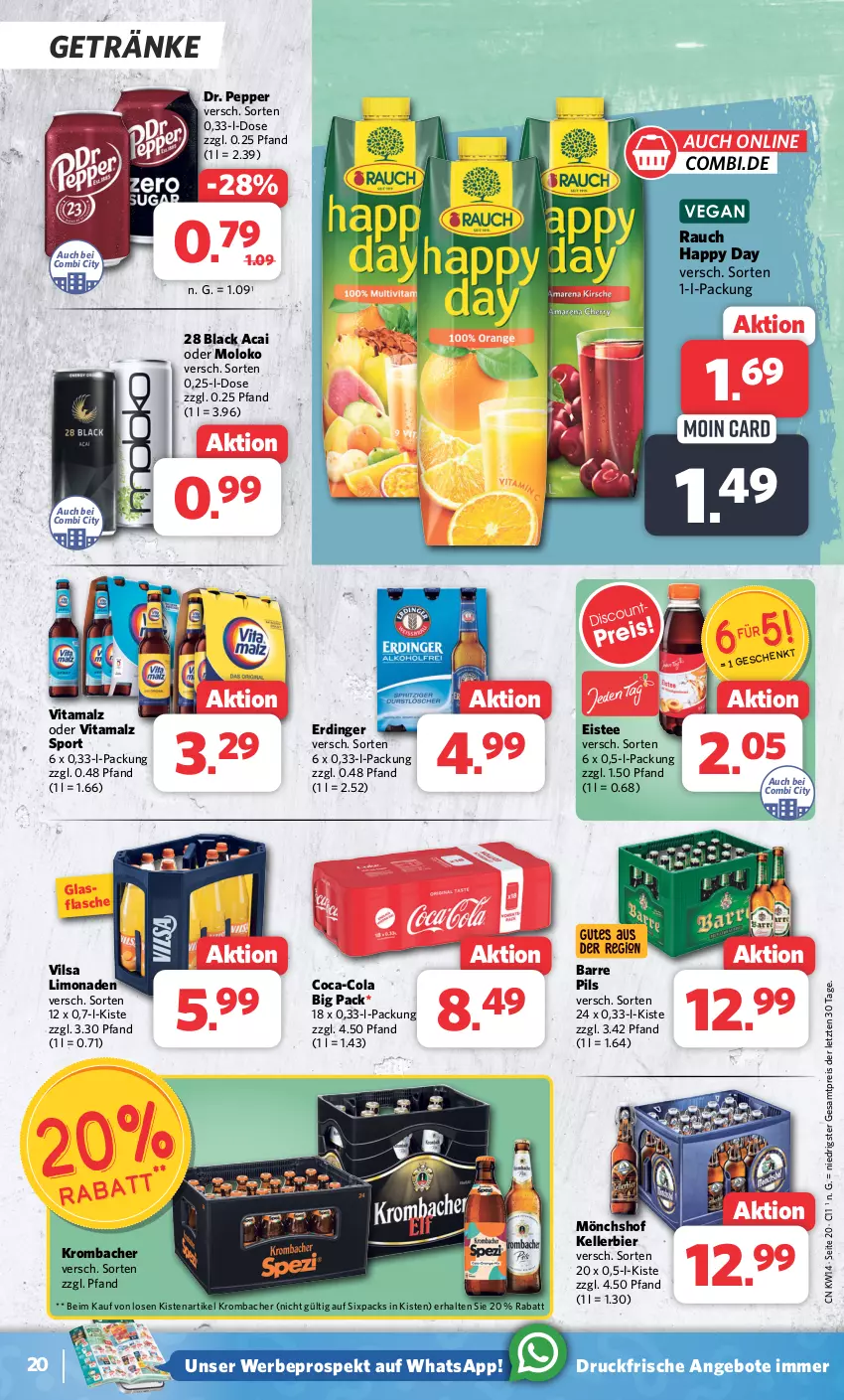 Aktueller Prospekt Combi - Prospekte - von 02.04 bis 06.04.2024 - strona 20 - produkty: angebot, angebote, bier, coca-cola, cola, eis, eistee, elle, erdinger, flasche, getränk, getränke, Happy Day, kellerbier, krombache, krombacher, lack, limo, limonade, limonaden, malz, mönchshof, pils, Rauch, reis, Sport, tee, Ti, vilsa, vita, vitamalz, ZTE