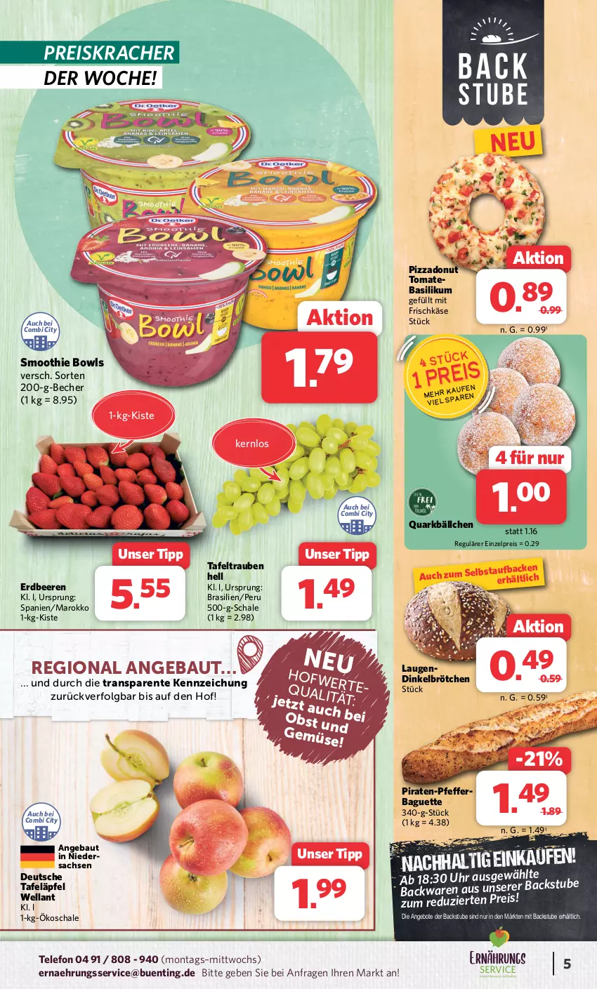 Aktueller Prospekt Combi - Prospekte - von 02.04 bis 06.04.2024 - strona 5 - produkty: angebot, angebote, baguette, basilikum, Bau, Becher, beere, beeren, brötchen, dinkelbrötchen, Donut, eis, ente, erdbeere, erdbeeren, frischkäse, Käse, kracher, LG, obst, pfeffer, pizza, quark, reis, sac, Schal, Schale, smoothie, stube, tafeläpfel, tafeltrauben, telefon, Ti, tomate, trauben, uhr, Wella, ZTE