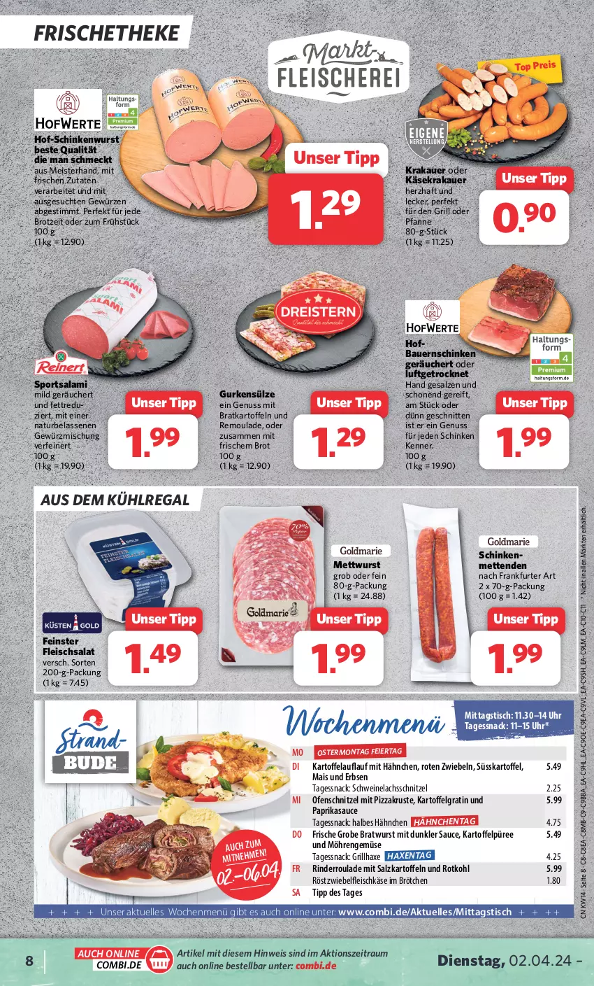 Aktueller Prospekt Combi - Prospekte - von 02.04 bis 06.04.2024 - strona 8 - produkty: auer, aus dem kühlregal, axe, Bau, Bauer, Bauernschinken, bratwurst, brot, brötchen, eier, eis, elle, erbsen, fleisch, fleischkäse, fleischsalat, frankfurter, gewürz, Gewürzmischung, grill, grillhaxe, grobe bratwurst, gurke, gurken, Haxe, kartoffel, kartoffeln, Kartoffelpüree, Käse, krakauer, kühlregal, lachs, LG, mais, Meister, Mett, metten, Mettenden, mettwurst, möhren, natur, nuss, Ofen, paprika, pfanne, pizza, püree, regal, reis, remoulade, rind, rinder, Rinderroulade, rotkohl, salami, salat, salz, sauce, schinken, schinkenwurst, schnitten, schnitzel, schwein, schweine, Schweinelachs, snack, Sport, Ti, tisch, uhr, wein, weine, wurst, zwiebel, zwiebeln