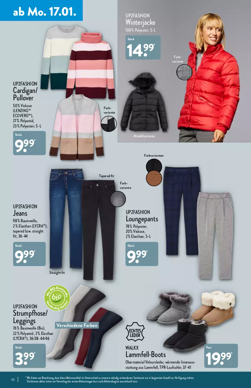 Aktueller Prospekt Aldi Nord - Aldi-Vorschau - von 17.01 bis 22.01.2022 - strona 10 - produkty: Bau, baumwolle, bio, Cardigan, dell, ecovero, gin, hose, Jacke, jeans, lamm, Lammfell, leggings, lenzing, Mode, Pants, Pullover, Ria, rum, Strumpfhose, Ti, up2fashion, walkx, wolle, ZTE