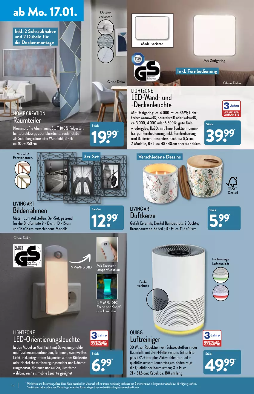 Aktueller Prospekt Aldi Nord - Aldi-Vorschau - von 17.01 bis 22.01.2022 - strona 14 - produkty: auer, bambus, batterie, batterien, bilderrahmen, decke, Deckel, deckenleuchte, dell, Duftkerze, elle, fernbedienung, gin, Holz, kerze, Lampe, Leuchte, lightzone, Luftreiniger, Mode, Nachtlicht, quigg, reiniger, Ria, ring, Tasche, taschen, taschenlampe, Ti, timer, ZTE