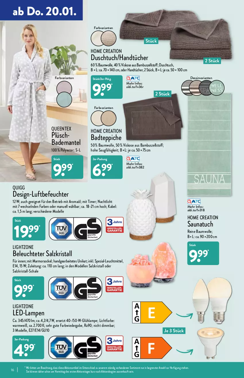 Aktueller Prospekt Aldi Nord - Aldi-Vorschau - von 17.01 bis 22.01.2022 - strona 16 - produkty: aldi, Bad, Bademantel, badteppich, bambus, Bau, baumwolle, dell, duschtuch, elle, ente, gin, handtücher, Lampe, Leuchte, leuchtmittel, lightzone, Luftbefeuchter, Mantel, Mode, Nachtlicht, Plüsch, Queentex, quigg, reine baumwolle, Ria, salz, Saunatuch, Schal, Schale, Spezi, teppich, teppiche, Ti, timer, tuc, tücher, wolle, ZTE