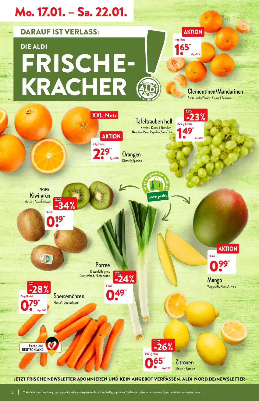 Aktueller Prospekt Aldi Nord - Aldi-Vorschau - von 17.01 bis 22.01.2022 - strona 2 - produkty: aldi, angebot, beutel, clementinen, eis, kiwi, kracher, LG, mandarine, mandarinen, mango, möhren, orange, orangen, Schal, Schale, speisemöhren, tafeltrauben, Ti, trauben, zespri, zitrone, zitronen, ZTE