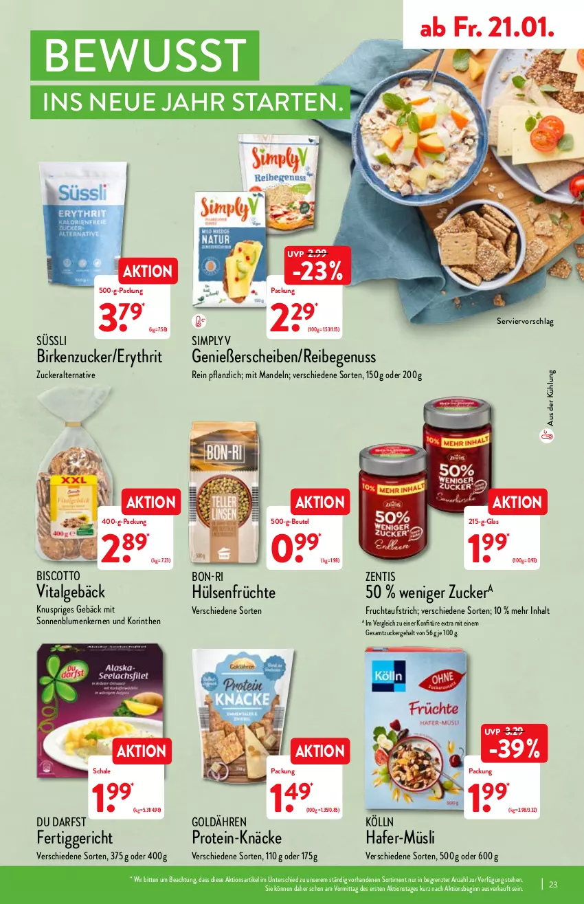 Aktueller Prospekt Aldi Nord - Aldi-Vorschau - von 17.01 bis 22.01.2022 - strona 23 - produkty: aufstrich, beutel, Birkenzucker, biscotto, blume, blumen, frucht, fruchtaufstrich, früchte, gin, hafer, hülsenfrüchte, kölln, konfitüre, konfitüre extra, LG, mandel, mandeln, müsli, nuss, Schal, Schale, senf, sim, sonnenblume, sonnenblumen, Sonnenblumenkerne, sonnenblumenkernen, Ti, vita, zentis, ZTE, zucker