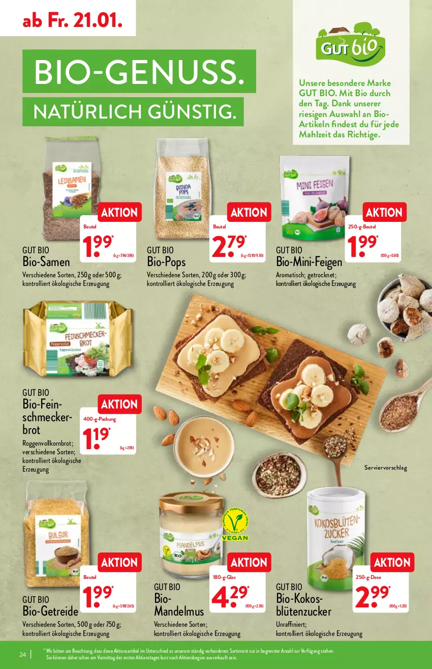 Aktueller Prospekt Aldi Nord - Aldi-Vorschau - von 17.01 bis 22.01.2022 - strona 24 - produkty: beutel, bio, Blüte, brot, Feigen, feinschmecker, gin, kokos, korn, Kornbrot, mandel, Mandelmus, nuss, Ti, tisch, trolli, vollkornbrot, ZTE, zucker