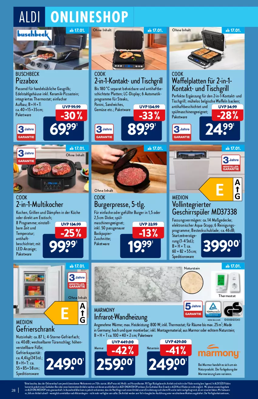 Aktueller Prospekt Aldi Nord - Aldi-Vorschau - von 17.01 bis 22.01.2022 - strona 28 - produkty: aldi, angebot, angebote, aqua, auer, auto, Bau, besteck, burger, decke, edelstahl, eis, Elektro, erde, esstisch, gasgrill, gefrierfach, gefrierschrank, Germ, geschirr, geschirrspüler, gin, grill, Kocher, küche, latte, LG, medion, Multikocher, natur, naturstein, ndk, papier, pizza, Reinigung, reis, Ria, rwe, sandwich, Schrank, spülmaschinen, steak, steaks, thermostat, Ti, tisch, tischgrill, uhr, waffeln