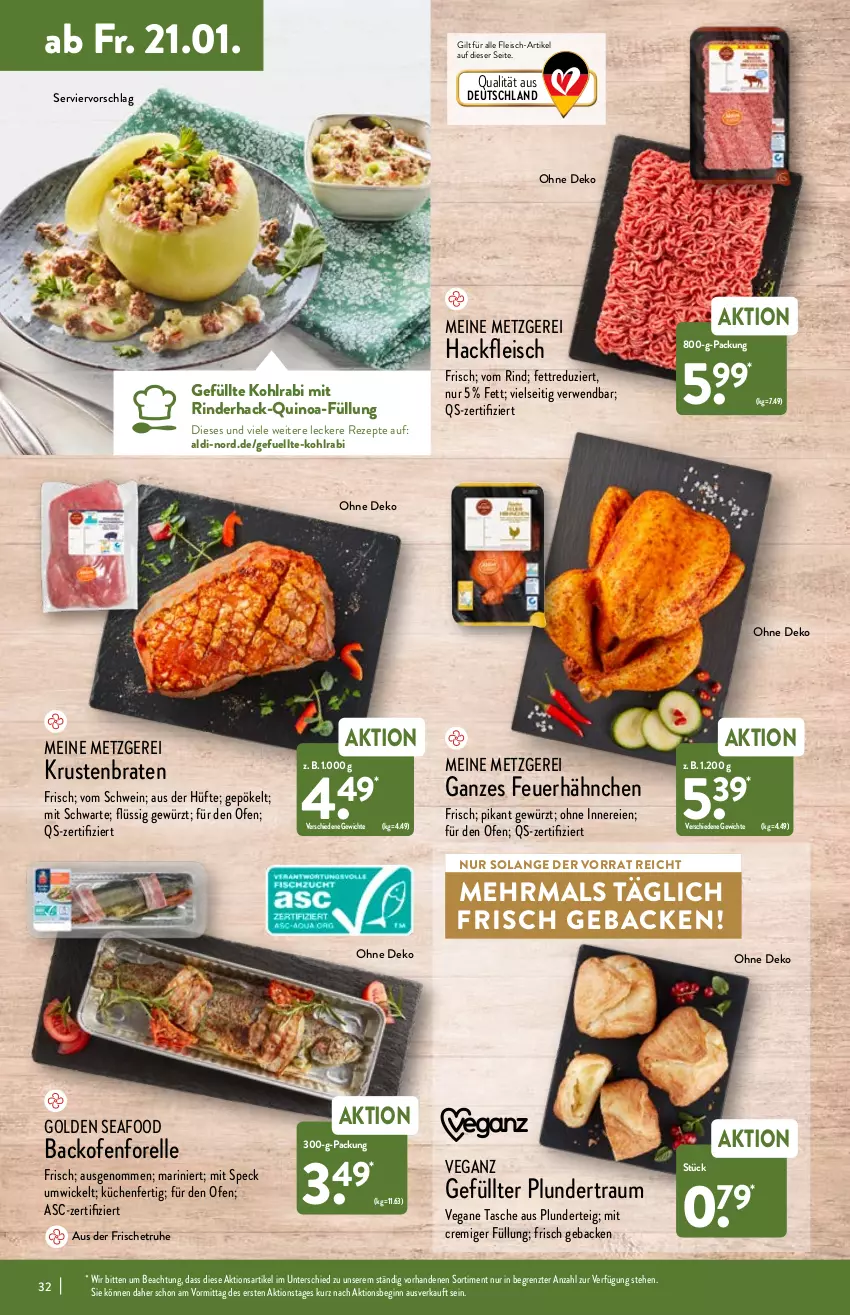 Aktueller Prospekt Aldi Nord - Aldi-Vorschau - von 17.01 bis 22.01.2022 - strona 32 - produkty: aldi, backofen, braten, eis, elle, fleisch, forelle, geback, gefu, gewürz, gin, hackfleisch, kohlrabi, krustenbraten, küche, Küchen, Ofen, Plunder, quinoa, rel, rezept, rezepte, rind, rinder, rwe, schwein, Speck, Tasche, Ti, wein, WICK, ZTE