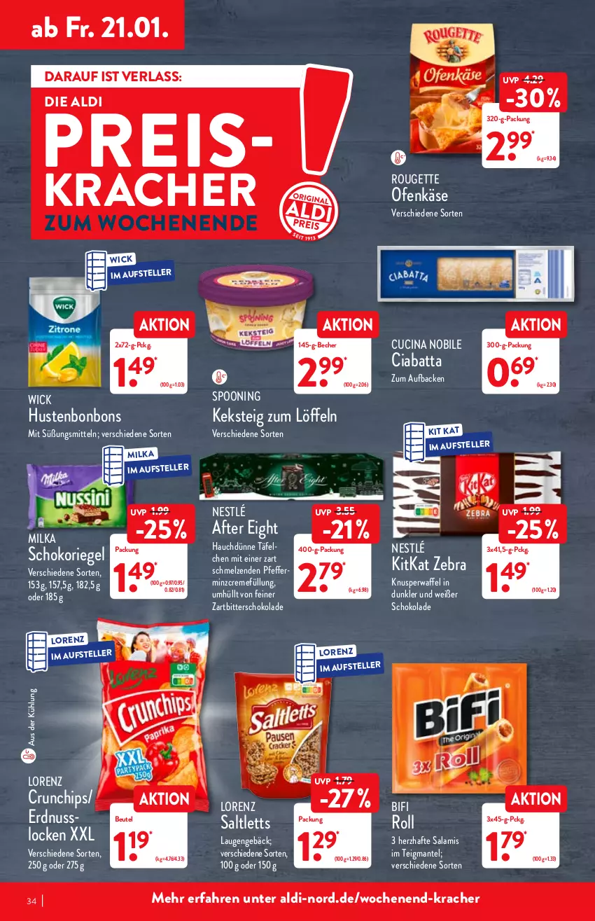 Aktueller Prospekt Aldi Nord - Aldi-Vorschau - von 17.01 bis 22.01.2022 - strona 34 - produkty: after eight, aldi, Becher, beutel, bifi, bonbons, chips, ciabatta, cin, creme, crunchips, eis, elle, erdnuss, Hustenbonbons, Käse, keks, Kit Kat, kitkat, kracher, Löffel, lorenz, lorenz crunchips, Mantel, milka, nestlé, nuss, Ofen, Ofenkäse, pfeffer, reis, riegel, rouge, rougette, salami, saltletts, schoko, schokolade, schokoriegel, teller, Ti, WICK, Zartbitterschokolade