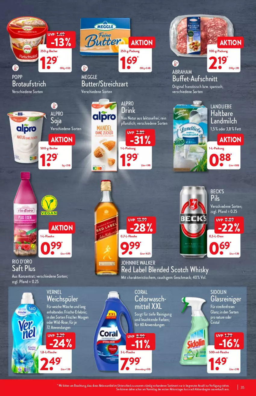 Aktueller Prospekt Aldi Nord - Aldi-Vorschau - von 17.01 bis 22.01.2022 - strona 35 - produkty: alpro, aufschnitt, aufstrich, Becher, blended scotch, blended scotch whisky, brot, brotaufstrich, butter, colorwaschmittel, Coral, drink, flasche, gin, johnnie walker, landliebe, landmilch, Leuchte, leuchten, mac, meggle, milch, natur, pils, Popp, Rauch, reifen, reiniger, Reinigung, saft, scotch, scotch whisky, sidolin, soja, Streichzart, Ti, tisch, vernel, waschmittel, weichspüler, whisky, Wild, ZTE