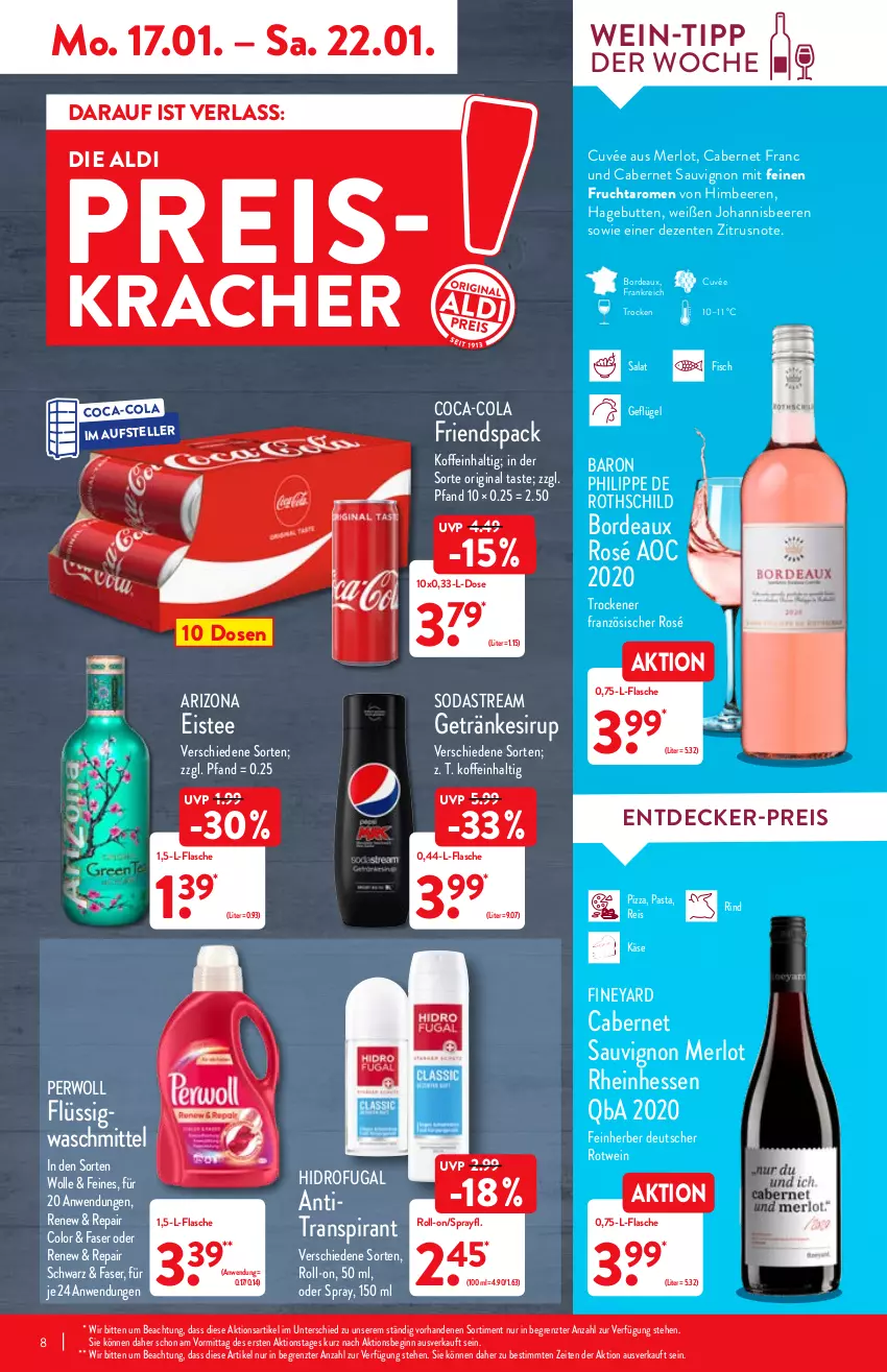 Aktueller Prospekt Aldi Nord - Aldi-Vorschau - von 17.01 bis 22.01.2022 - strona 8 - produkty: aldi, Antitranspirant, beere, beeren, cabernet, cabernet sauvignon, coca-cola, cola, cuvée, decke, eis, eistee, elle, ente, fisch, flasche, frucht, Geflügel, getränk, getränke, getränkesirup, gin, himbeer, himbeere, himbeeren, johannisbeere, Johannisbeeren, Käse, kracher, merl, merlot, pasta, perwoll, pizza, reis, rind, roll-on, rotwein, salat, sauvignon, sirup, Soda, sodastream, tee, teller, Ti, waschmittel, wein, wolle, ZTE