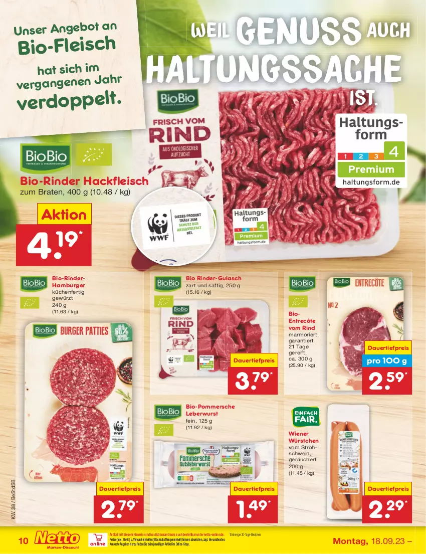 Aktueller Prospekt Netto Marken-Discount - Filial-Angebote - von 18.09 bis 23.09.2023 - strona 14 - produkty: angebot, auer, bestpreis, bio, braten, burger, dauertiefpreis, eis, entrecôte, fleisch, gewürz, gulasch, hackfleisch, hamburger, küche, Küchen, leberwurst, ndk, nuss, Pommersche, reis, rind, rinder, sac, saft, schwein, Ti, tiefpreis, wein, wiener, wiener würstchen, wurst, würstchen