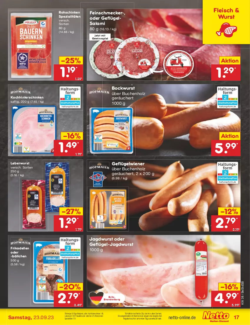 Aktueller Prospekt Netto Marken-Discount - Filial-Angebote - von 18.09 bis 23.09.2023 - strona 21 - produkty: angebot, bestpreis, bockwurst, buch, dell, eis, elle, feinschmecker, fleisch, frikadellen, Geflügel, gewinnspiel, hinterschinken, Holz, jagdwurst, leberwurst, reis, rohschinken, saft, salami, schinken, Spezi, Ti, wiener, wurst, ZTE