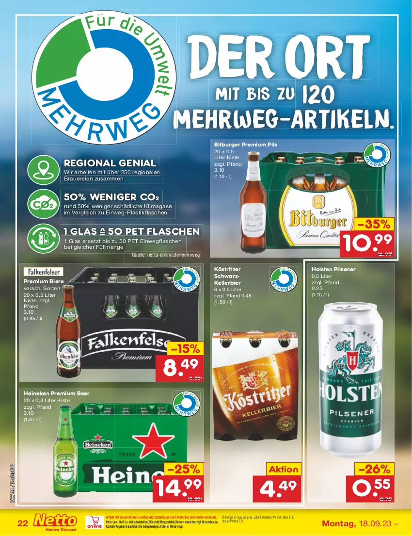 Aktueller Prospekt Netto Marken-Discount - Filial-Angebote - von 18.09 bis 23.09.2023 - strona 28 - produkty: asti, auer, bestpreis, bier, Biere, bitburger, burger, eis, elle, flasche, heineken, holsten, holsten pilsener, kellerbier, köstritzer, ndk, pils, pilsener, premium pils, reis, rwe, Ti