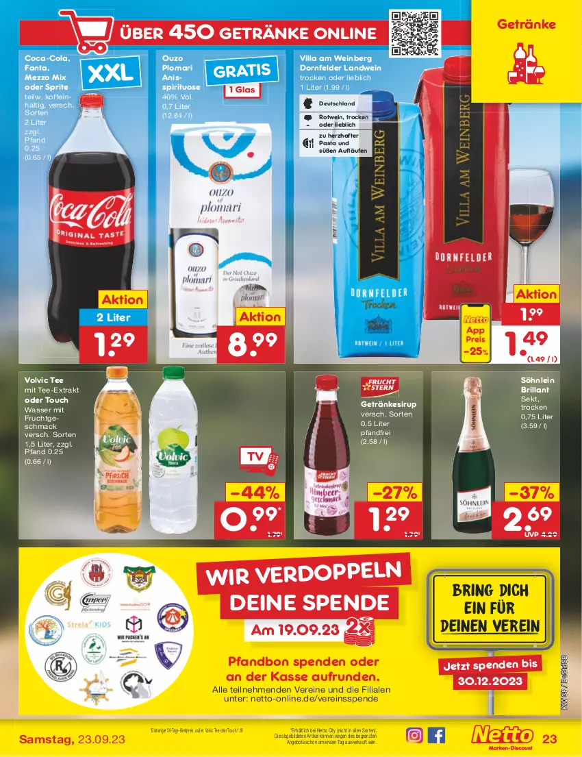 Aktueller Prospekt Netto Marken-Discount - Filial-Angebote - von 18.09 bis 23.09.2023 - strona 29 - produkty: angebot, bestpreis, coca-cola, cola, dornfelder, eis, fanta, frucht, getränk, getränke, getränkesirup, mac, Mezzo Mix, mit frucht, oder sprite, ouzo, pasta, reis, ring, rotwein, sekt, sirup, söhnlein, söhnlein brillant, sprite, tee, Ti, volvic, wasser, wein, ZTE