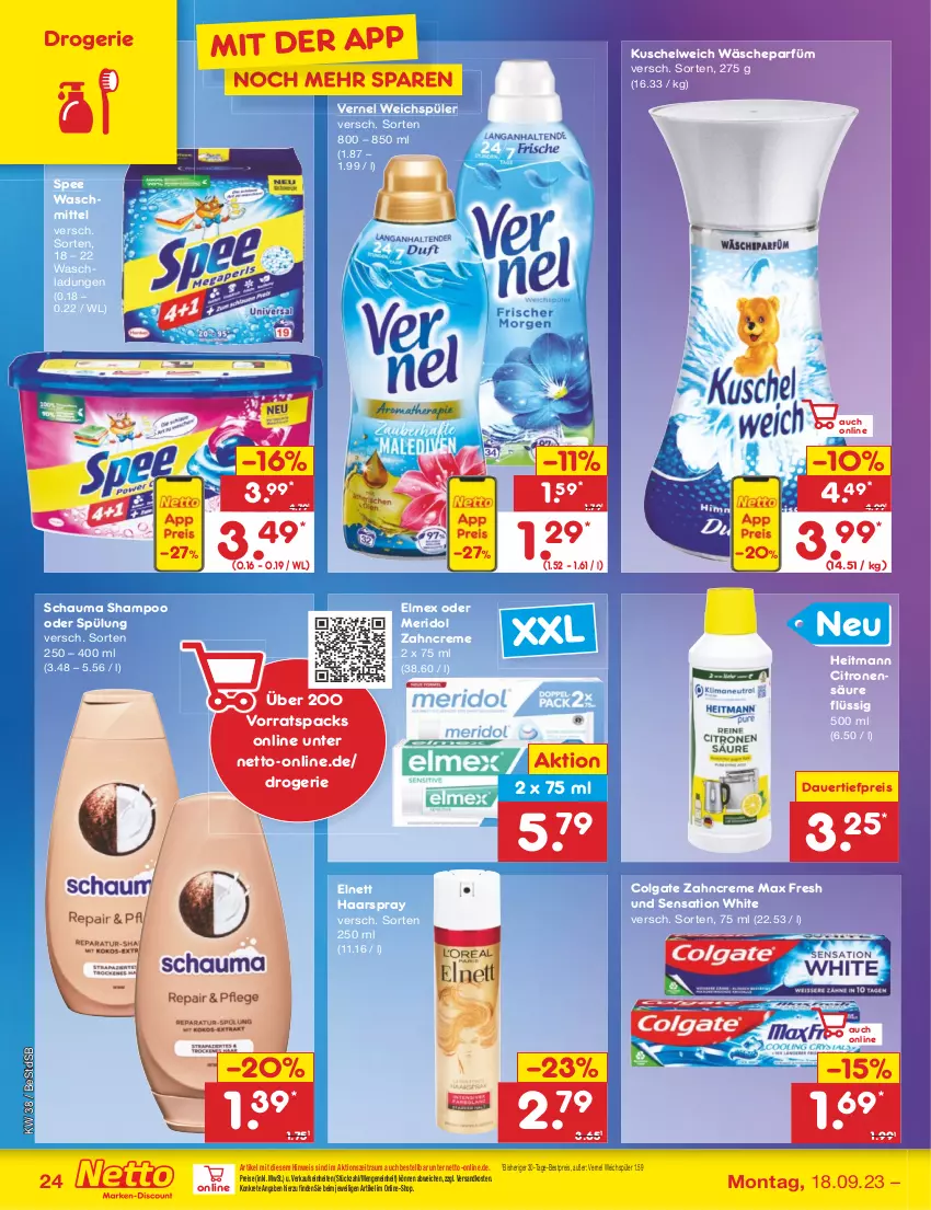 Aktueller Prospekt Netto Marken-Discount - Filial-Angebote - von 18.09 bis 23.09.2023 - strona 30 - produkty: auer, bestpreis, colgate, creme, dauertiefpreis, eis, elmex, elnett, haarspray, heitmann, Kuschelweich, LG, Max Fresh, meridol, ndk, reis, schauma, schauma shampoo, shampoo, shampoo oder spülung, spee, spülung, Ti, tiefpreis, vernel, wäscheparfüm, waschmittel, weichspüler, zahncreme