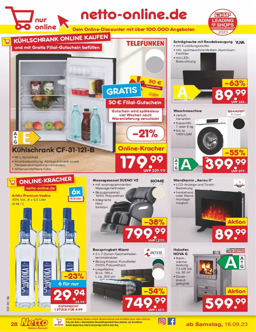 Aktueller Prospekt Netto Marken-Discount - Filial-Angebote - von 18.09 bis 23.09.2023 - strona 34 - produkty: abtauautomatik, angebot, angebote, auer, auto, beleuchtung, bett, boxspringbett, discount, eis, federkern, federkernmatratze, gutschein, Holz, Kamin, kernmatratze, kracher, kühlschrank, Liege, matratze, matratzen, ndk, Ofen, premium vodka, reis, Ria, ring, schräghaube, Schrank, sessel, spülmaschinen, Tasche, taschen, taschenfederkernmatratze, Ti, vodka, waschmaschine