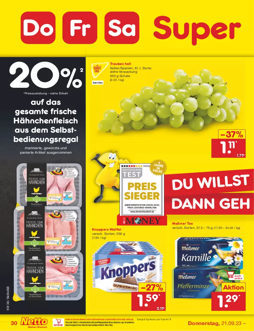 Aktueller Prospekt Netto Marken-Discount - Filial-Angebote - von 18.09 bis 23.09.2023 - strona 36 - produkty: bestpreis, eis, fleisch, Frische Hähnchen, gewürz, Hähnchenfleisch, knoppers, Meßmer, ndk, regal, reis, Schal, Schale, tee, Ti, trauben, ZTE