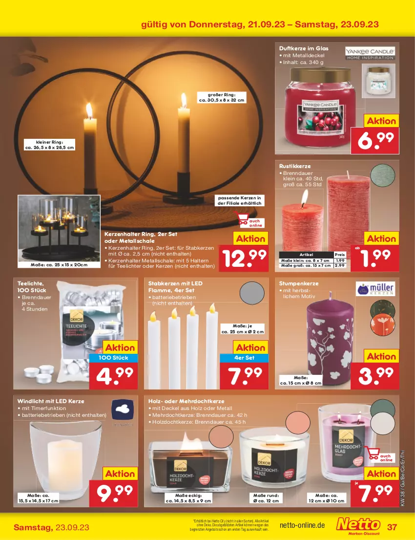 Aktueller Prospekt Netto Marken-Discount - Filial-Angebote - von 18.09 bis 23.09.2023 - strona 43 - produkty: angebot, auer, batterie, decke, Deckel, Duftkerze, eis, Holz, kerze, Kerzenhalter, lamm, leine, reis, ring, Schal, Schale, Stabkerze, tee, Teelicht, teelichte, Ti, timer, windlicht, ZTE