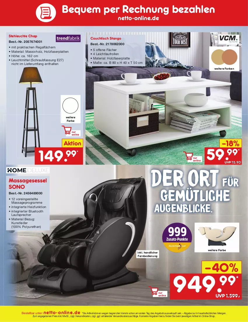 Aktueller Prospekt Netto Marken-Discount - Filial-Angebote - von 18.09 bis 23.09.2023 - strona 51 - produkty: angebot, Couch, couchtisch, eis, fernbedienung, Holz, latte, lautsprecher, Leuchte, leuchtmittel, massivholz, ndk, regal, reis, Ria, rum, sessel, stehleuchte, Ti, tisch, ZTE