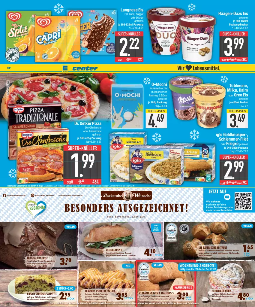 Aktueller Prospekt E Center - Angebote der Woche - von 17.07 bis 22.07.2023 - strona 10 - produkty: angebot, angebote, auer, Bau, Bauer, Becher, beere, beeren, brot, butter, Cap, ciabatta, cola, daim, die ofenfrische, disney, Dr. Oetker, eier, eis, ente, filegro, filet, frucht, grill, häagen-dazs, heidelbeere, heidelbeeren, himbeer, hummus, iglo, joghur, joghurt, kirsch, kirsche, kirschen, kuchen, langnese, langnese eis, leine, milka, mit frucht, Mochi, nogger, Ofen, olive, oliven, oreo, paprika, pizza, Plunder, reis, rucola, rum, saft, salz, sauerkirschen, schlemmer-filet, Semmel, sesam, snack, stube, super-knüller, Ti, toblerone, tradizionale, veggie, Weizensemmel, Wild, ZTE, zucchini