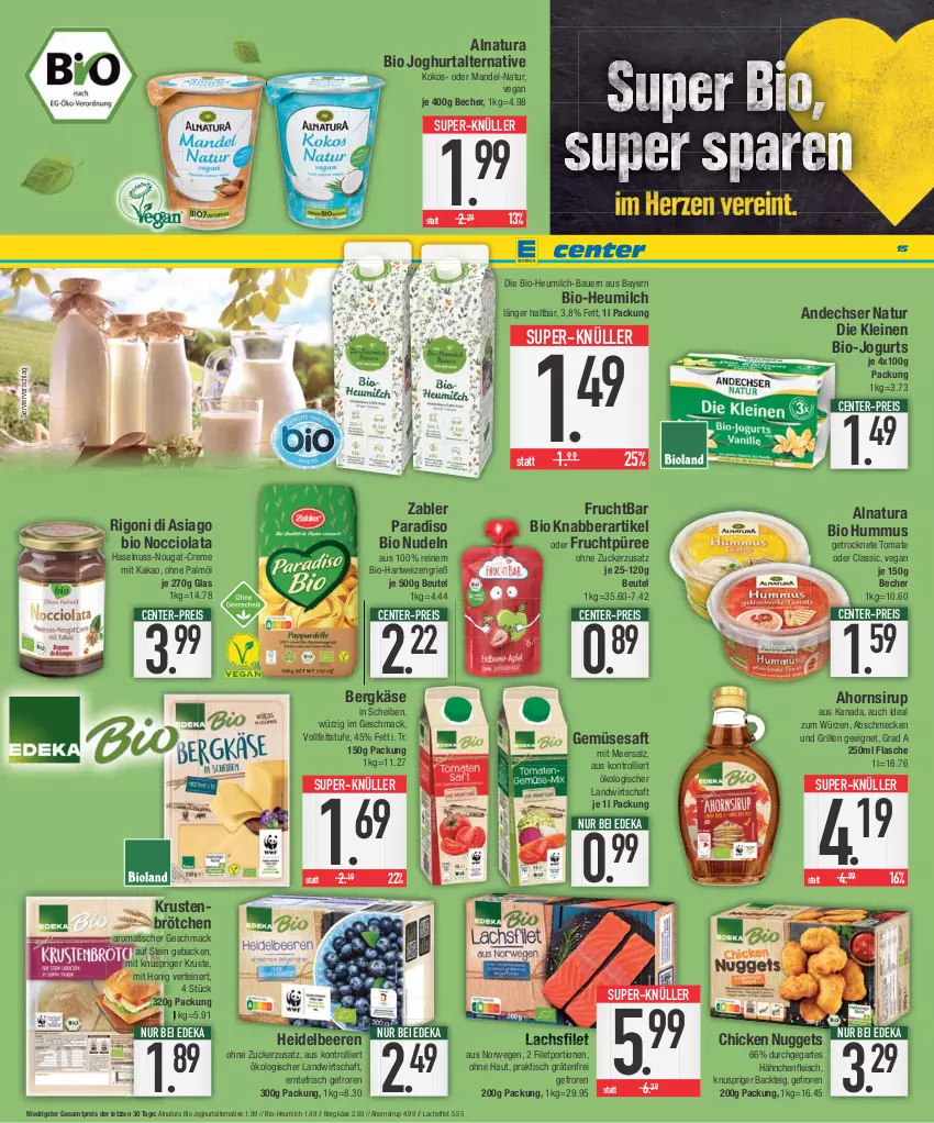 Aktueller Prospekt E Center - Angebote der Woche - von 17.07 bis 22.07.2023 - strona 15 - produkty: andechser natur, auer, Bau, Bauer, Becher, beere, beeren, Bergkäse, beutel, bio, brötchen, chicken nuggets, creme, deka, eis, ente, filet, flasche, fleisch, frucht, geback, grill, Hähnchenfleisch, hartweizen, haselnuss, heidelbeere, heidelbeeren, Heu, heumilch, honig, hummus, joghur, joghurt, jogurt, kakao, Käse, kokos, lachs, lachsfilet, leine, mac, mandel, meersalz, milch, natur, natura, nudel, nudeln, nuggets, nuss, nuss-nougat-creme, ohne palmöl, püree, reis, rwe, saft, salz, sirup, super-knüller, Ti, tisch, tomate, trolli, Zabler, ZTE, zucker