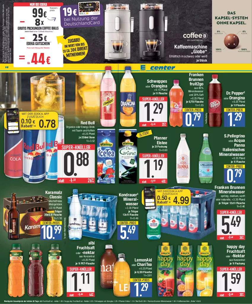 Aktueller Prospekt E Center - Angebote der Woche - von 17.07 bis 22.07.2023 - strona 16 - produkty: alkohol, Alwa, auer, ball, bio, brunnen, coupon, deka, drink, eis, eistee, elle, energy drink, ente, flasche, franken brunnen, frucht, fruchtsaft, getränk, gin, gutschein, Happy Day, kaffee, kaffeemaschine, karamalz, lungo, malz, mineralwasser, natur, Nektar, nuss, orangina, pet-flasche, pfanne, Pfanner, rama, red bull, reis, rel, saft, schweppes, super-knüller, tee, Ti, wasser, ZTE