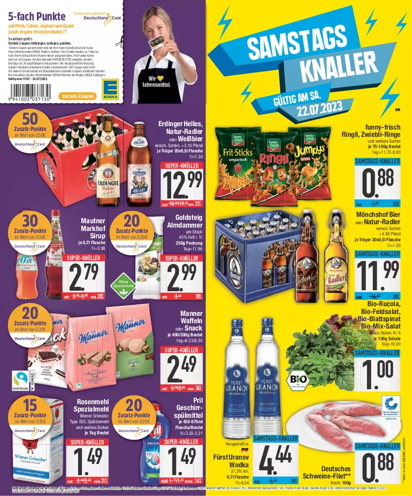 Aktueller Prospekt E Center - Angebote der Woche - von 17.07 bis 22.07.2023 - strona 19 - produkty: beutel, bier, bio, blattspinat, cola, coupon, coupons, deka, deutschlandcard, eis, elle, erde, erdinger, feldsalat, filet, flasche, funny-frisch, geschirr, geschirrspülmittel, goldsteig, joghur, joghurt, Manner, Mautner, mehl, milch, mönchshof, natur, pril, quark, radler, reis, ring, rosen, Rosenmehl, rucola, sahne, salat, Schal, Schale, schwein, schweine, schweine-filet, sirup, snack, Spätzlemehl, Spezi, spinat, spülmittel, super-knüller, Ti, waffeln, wein, weine, wiener, wodka, ZTE