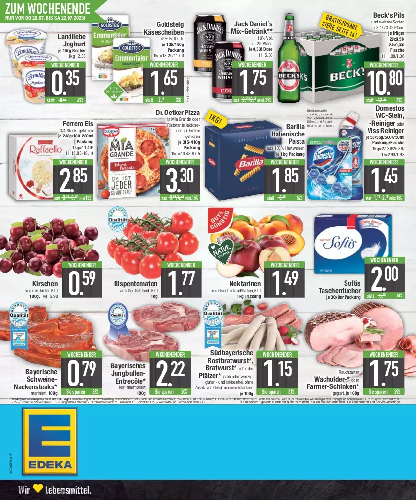 Aktueller Prospekt E Center - Angebote der Woche - von 17.07 bis 22.07.2023 - strona 20 - produkty: barilla, Becher, bio, biozidprodukte, bratwurst, domestos, Dr. Oetker, eis, entrecôte, ferrero, flasche, getränk, goldsteig, hartweizen, Heu, italienische pasta, jack daniel, joghur, joghurt, jungbullen, Käse, käsescheiben, kirsch, kirsche, kirschen, landliebe, landliebe joghurt, lebensmittel, mac, milch, Nackensteak, nackensteaks, Nektar, nektarinen, pasta, pils, pizza, Rauch, reiniger, reis, rispentomaten, ristorante, rostbratwurst, rwe, scheuermilch, schinken, schwein, schweine, schweinenacken, steak, steaks, Tasche, taschen, taschentücher, Ti, tomate, tomaten, tücher, wc-reiniger, wein, weine, wurst, ZTE