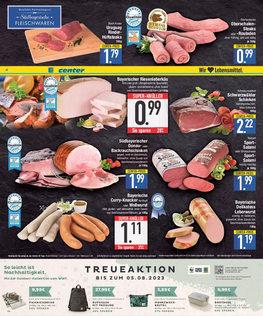 Aktueller Prospekt E Center - Angebote der Woche - von 17.07 bis 22.07.2023 - strona 4 - produkty: Backrauchschinken, beutel, brot, Brotdose, curry, decke, deka, eis, ente, fleisch, geback, hüftsteak, hüftsteaks, knacker, leberkäs, leberwurst, mac, Ofen, picknickdecke, Rauch, reinert, reis, rind, rinder, rouladen, rucksack, sac, saft, salami, Schal, Schale, schinken, schwarzwälder schinken, schwein, Spezi, Sport, steak, steaks, super-knüller, Ti, weck, wein, wurst, ZTE