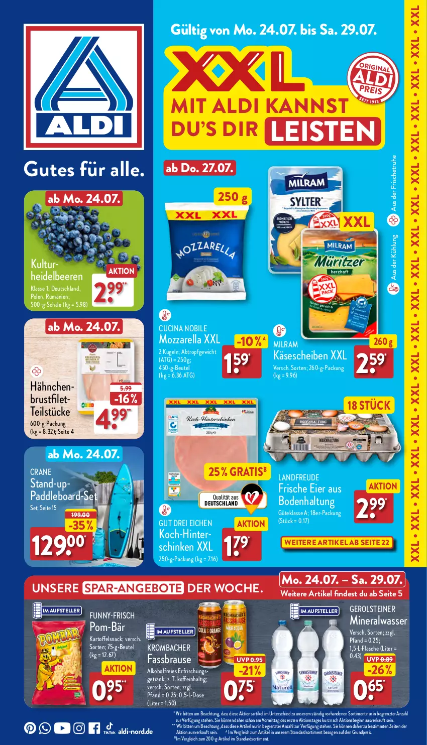 Aktueller Prospekt Aldi Nord - Von Montag - von 24.07 bis 29.07.2023 - strona 1 - produkty: aldi, alkohol, Alwa, angebot, angebote, beere, beeren, beutel, brause, brustfilet, cin, eier, eis, elle, erfrischungsgetränk, fassbrause, filet, flasche, funny-frisch, gerolsteine, gerolsteiner, getränk, gin, hähnchenbrust, hähnchenbrustfilet, heidelbeere, heidelbeeren, hinterschinken, kartoffel, Käse, käsescheiben, krombache, krombacher, Kugel, milram, mineralwasser, mozzarella, pom-bär, reis, rel, rum, Schal, Schale, schinken, snack, steiner, teller, Ti, wasser, ZTE