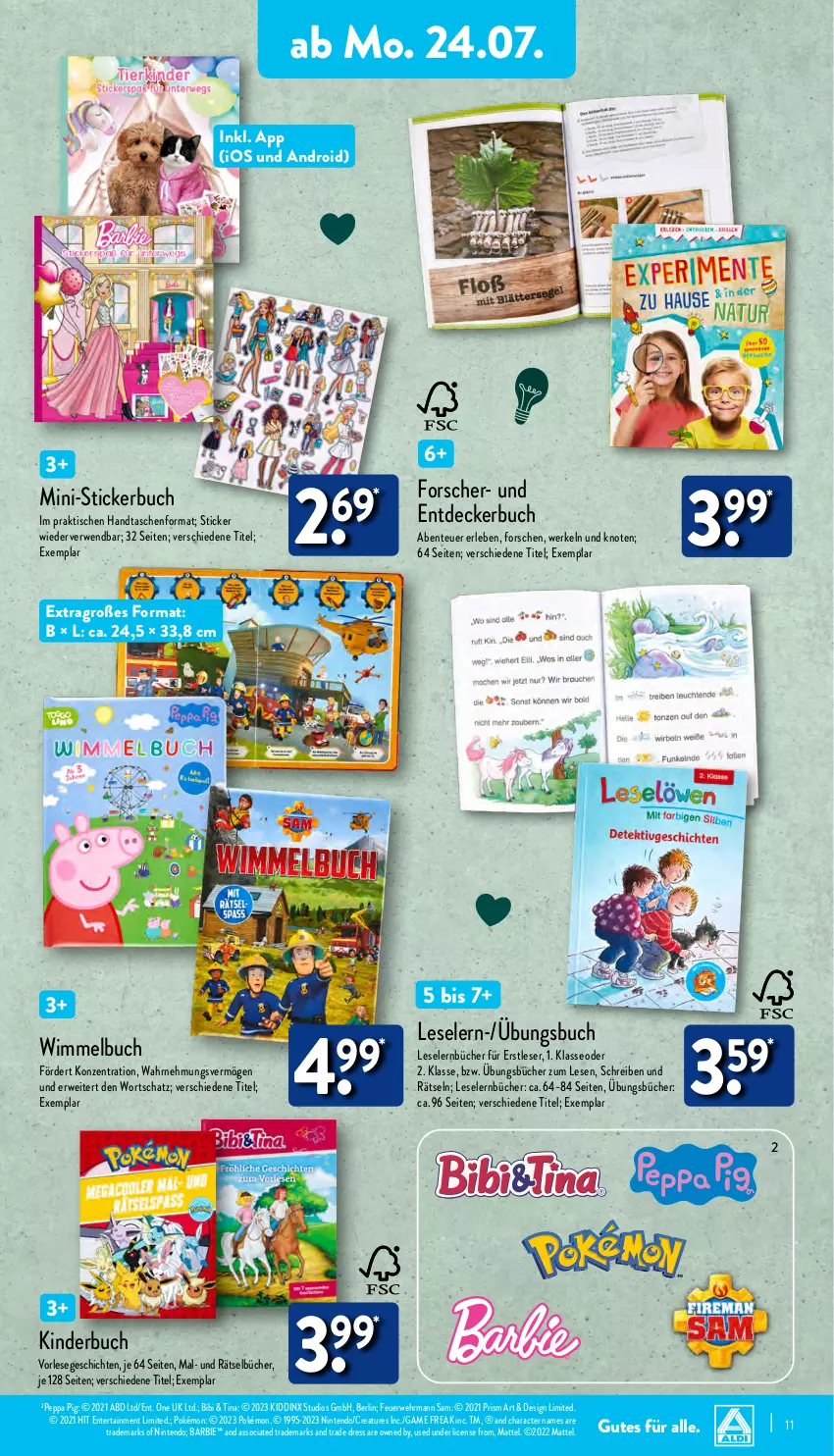 Aktueller Prospekt Aldi Nord - Von Montag - von 24.07 bis 29.07.2023 - strona 11 - produkty: Barbie, buch, decke, ehrmann, ente, Handtasche, Kinder, Kinderbuch, Mattel, nintendo, Peppa Pig, rwe, Stickerbuch, Tasche, taschen, Ti, tisch