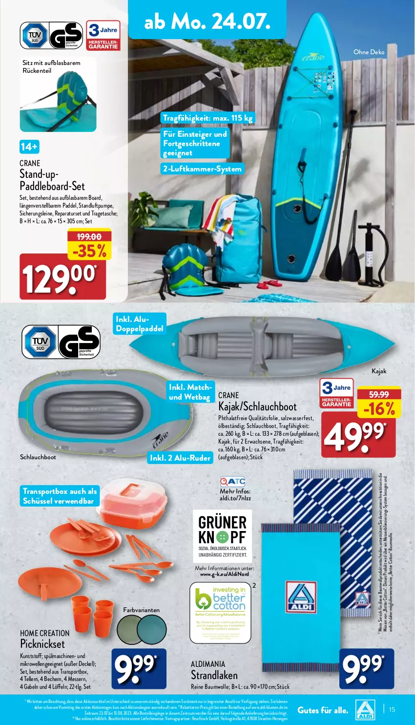 Aktueller Prospekt Aldi Nord - Von Montag - von 24.07 bis 29.07.2023 - strona 15 - produkty: aldi, Bau, baumwolle, Becher, bett, blume, blumen, decke, Deckel, eis, elle, ente, erde, gabel, gin, hero, Kajak, leine, LG, Löffel, messer, mikrowelle, reine baumwolle, reis, Ria, rwe, salz, schlauch, schüssel, Sport, spülmaschinen, strandlaken, Tasche, teller, Ti, tragetasche, wasser, wolle, ZTE