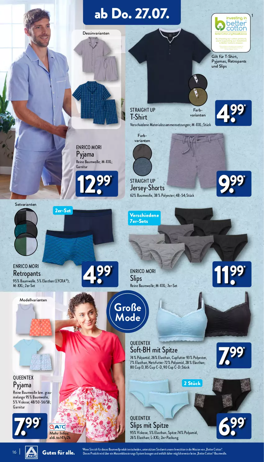 Aktueller Prospekt Aldi Nord - Von Montag - von 24.07 bis 29.07.2023 - strona 16 - produkty: aldi, Bau, baumwolle, bett, dell, eis, Elan, ente, garnitur, Mode, Pants, Pyjama, Queentex, reine baumwolle, Retropants, Ria, rwe, shirt, shorts, slip, slips, T-Shirt, Ti, wolle