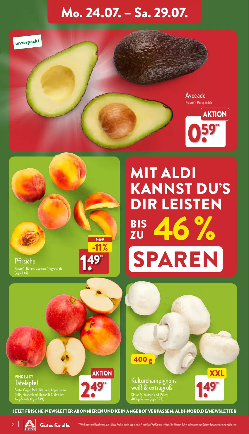 Aktueller Prospekt Aldi Nord - Von Montag - von 24.07 bis 29.07.2023 - strona 2 - produkty: aldi, angebot, avocado, champignon, champignons, eis, Elan, pfirsich, pfirsiche, Pink Lady, Schal, Schale, tafeläpfel, Ti, ZTE