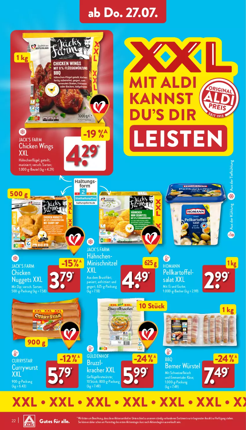 Aktueller Prospekt Aldi Nord - Von Montag - von 24.07 bis 29.07.2023 - strona 22 - produkty: aldi, aus der tiefkühlung, Becher, beutel, brustfilet, chicken nuggets, chicken wings, curry, currywurst, dip, eis, emmentaler, filet, fleisch, Geflügel, gin, gurke, hähnchenflügel, homann, kartoffel, kartoffelsalat, Käse, kracher, nuggets, salat, schnitzel, schwein, schweine, schweinefleisch, Ti, wein, weine, wurst, ZTE