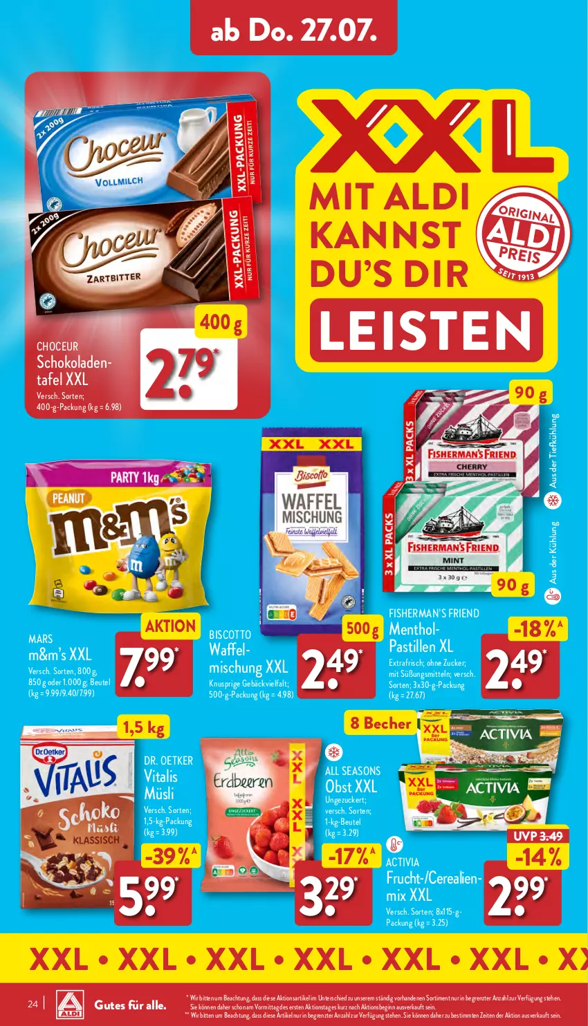 Aktueller Prospekt Aldi Nord - Von Montag - von 24.07 bis 29.07.2023 - strona 24 - produkty: activia, aldi, asti, aus der tiefkühlung, Becher, beutel, biscotto, cerealien, Dr. Oetker, eis, frucht, gin, mars, müsli, obst, schoko, schokolade, schokoladen, Ti, vita, vitalis, vitalis müsli, ZTE, zucker