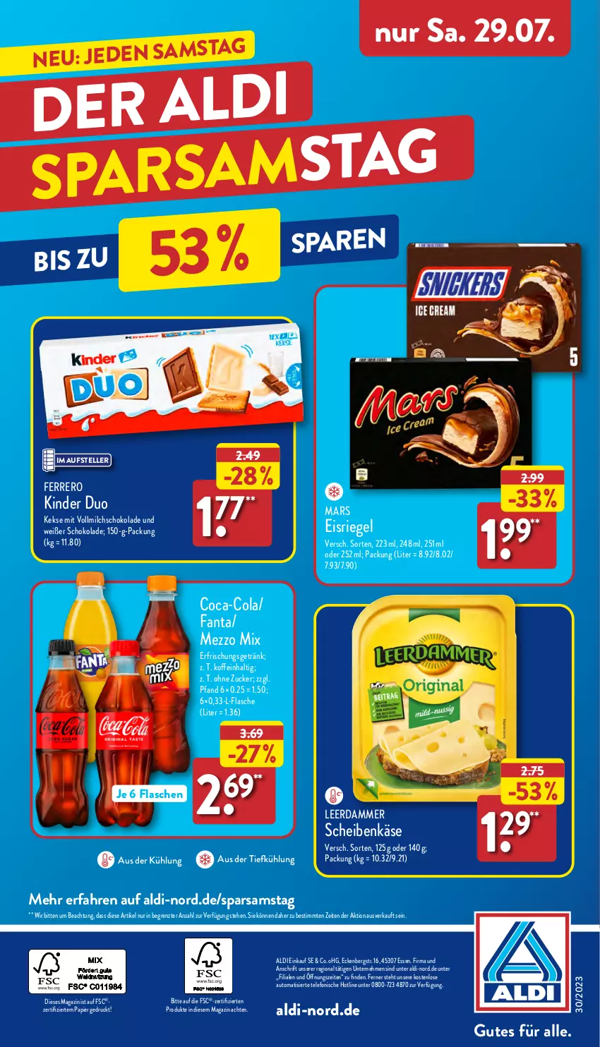 Aktueller Prospekt Aldi Nord - Von Montag - von 24.07 bis 29.07.2023 - strona 37 - produkty: aldi, aus der tiefkühlung, auto, coca-cola, cola, eis, Eisriegel, elle, erfrischungsgetränk, fanta, ferrero, flasche, getränk, Käse, keks, kekse, Kinder, leerdammer, magazin, mars, Mezzo Mix, milch, papier, riegel, schoko, schokolade, telefon, teller, Ti, vollmilch, ZTE, zucker