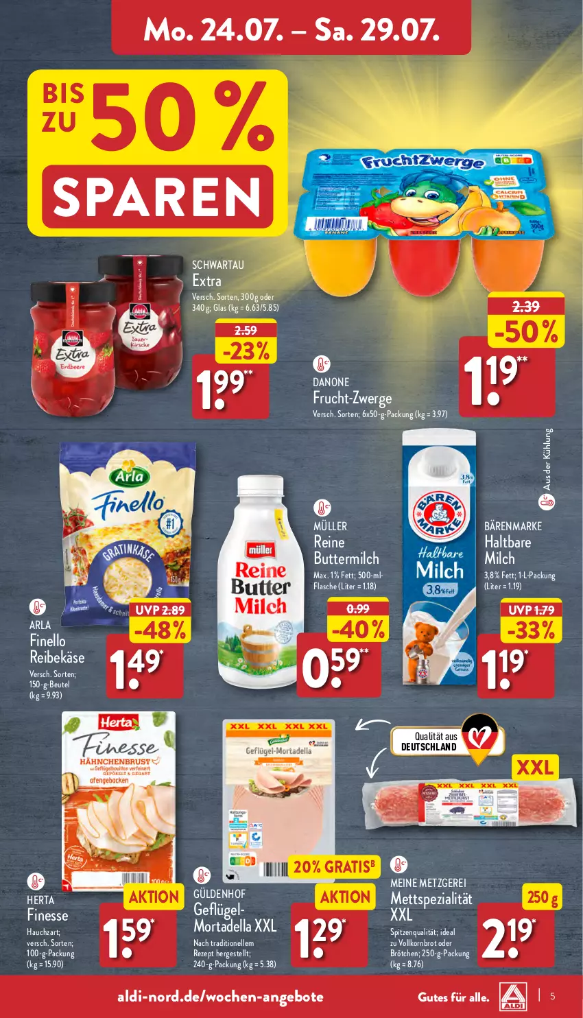 Aktueller Prospekt Aldi Nord - Von Montag - von 24.07 bis 29.07.2023 - strona 5 - produkty: aldi, angebot, angebote, arla, bärenmarke, beutel, brot, brötchen, butter, buttermilch, danone, dell, elle, finello, finesse, flasche, frucht, Geflügel, haltbare milch, herta, herta finesse, Käse, korn, Kornbrot, Mett, milch, mortadella, Müller, Reibekäse, rezept, Schwartau, Spezi, spitzenqualität, Ti, vollkornbrot