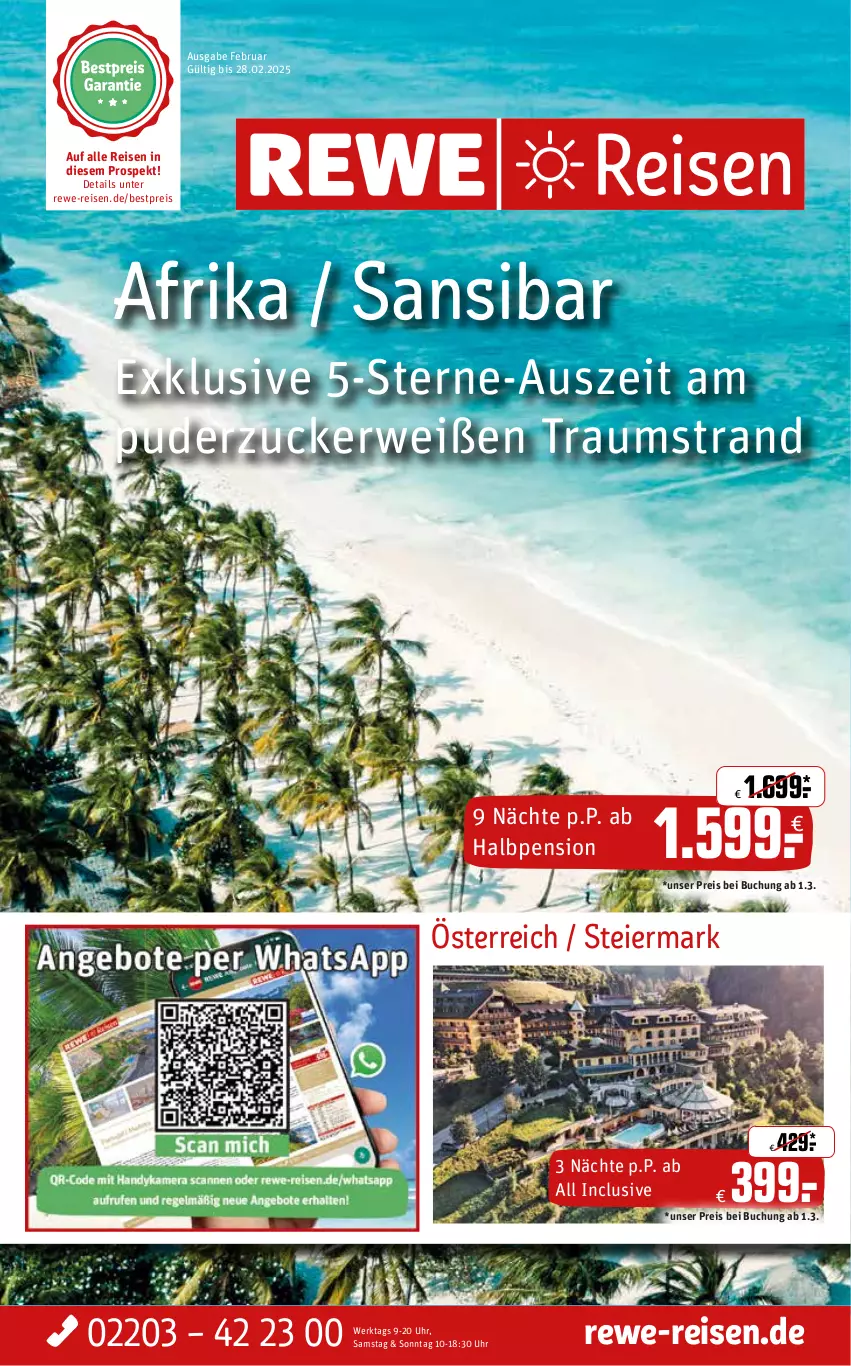 Aktueller Prospekt Rewe Reisen - Reiseprospekt - von 31.01 bis 28.02.2025 - strona 1 - produkty: bestpreis, buch, eier, eis, reis, rwe, Ti, uhr, zucker