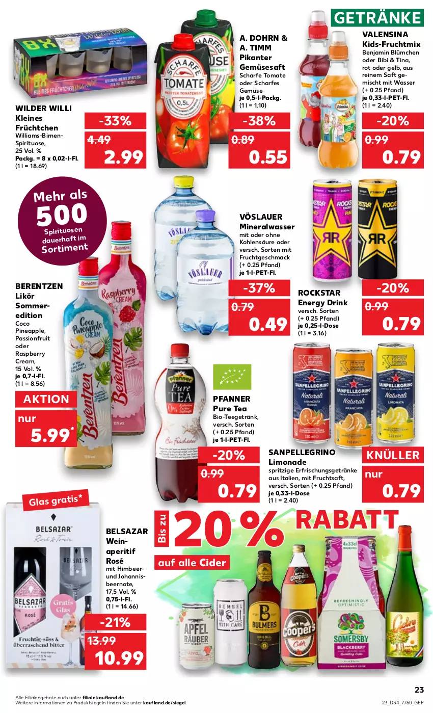 Aktueller Prospekt Kaufland - von 25.08 bis 31.08.2022 - strona 23 - produkty: Alwa, angebot, angebote, aperitif, Apple, auer, Belsazar, berentzen, bio, Birnen, cider, drink, elle, energy drink, frucht, fruchtsaft, getränk, getränke, himbeer, leine, likör, limo, limonade, mac, mineralwasser, mit frucht, pfanne, Pfanner, raspberry, Rockstar, saft, spirituosen, tee, Ti, tomate, valensina, vöslauer, wasser, wein, Wild