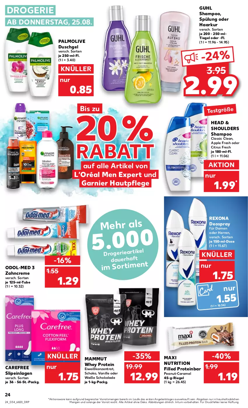 Aktueller Prospekt Kaufland - von 25.08 bis 31.08.2022 - strona 24 - produkty: angebot, Apple, auer, caramel, carefree, citrus, creme, deo, deospray, duschgel, garnier, Guhl, Hautpflege, mam, Odol, Odol-med 3, olive, palmolive, rexona, riegel, schoko, schokolade, shampoo, slip, slipeinlagen, spülung, Ti, vanille, Weiße Schokolade, zahncreme, ZTE