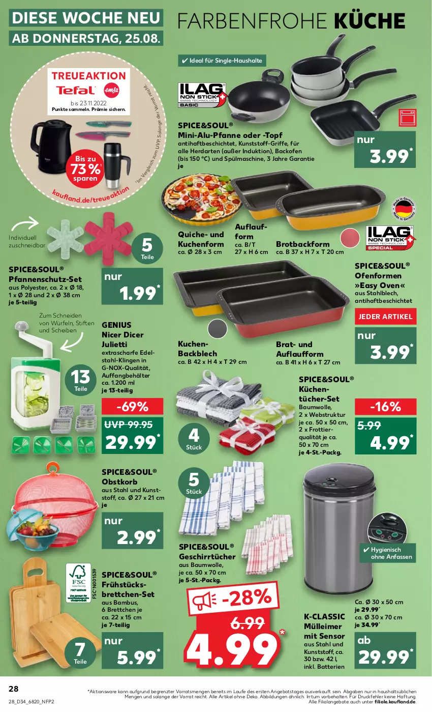 Aktueller Prospekt Kaufland - von 25.08 bis 31.08.2022 - strona 28 - produkty: angebot, angebote, Backform, backofen, bambus, batterie, batterien, Bau, baumwolle, Behälter, Brettchen, brot, edelstahl, eimer, geschirr, geschirrtücher, herdarten, korb, küche, Küchen, kuchen, küchentücher, leimer, obst, Ofen, pfanne, pfannen, Quiche, stifte, Ti, topf, tücher, wolle, würfel, ZTE