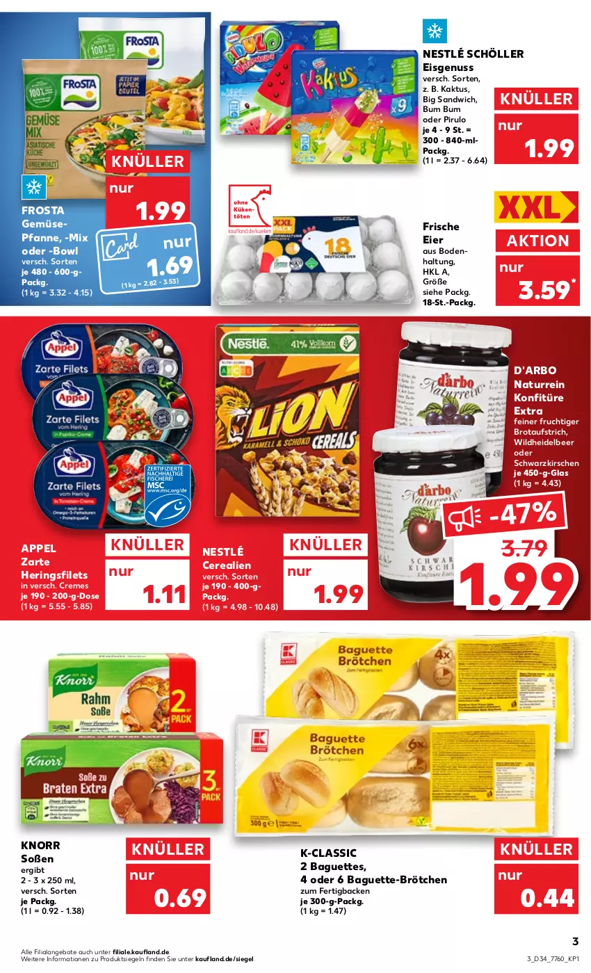 Aktueller Prospekt Kaufland - von 25.08 bis 31.08.2022 - strona 3 - produkty: angebot, angebote, aufstrich, baguette, baguettes, brot, brotaufstrich, brötchen, cerealien, creme, eier, eis, filet, filets, frosta, frucht, hering, Herings, heringsfilets, kirsch, kirsche, kirschen, knorr, konfitüre, konfitüre extra, natur, nestlé, nestlé schöller, nuss, pfanne, ring, sandwich, Schöller, Soße, Ti, Wild