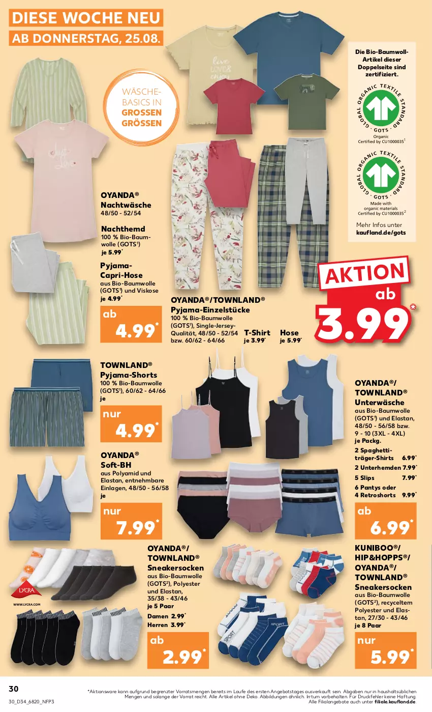 Aktueller Prospekt Kaufland - von 25.08 bis 31.08.2022 - strona 30 - produkty: angebot, angebote, Bau, baumwolle, bio, bio-baumwolle, Cap, hemd, hemden, hose, mac, Nachthemd, panty, Pyjama, retroshorts, shirt, shirts, shorts, slip, slips, sneaker, sneakersocken, socken, spaghetti, T-Shirt, Ti, Träger-Shirt, Unterhemd, unterhemden, Unterwäsche, wolle, ZTE