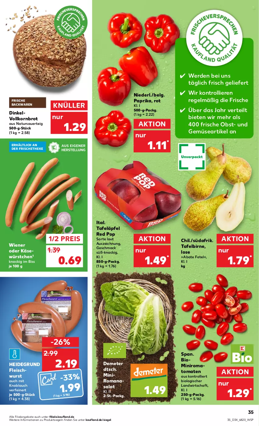 Aktueller Prospekt Kaufland - von 25.08 bis 31.08.2022 - strona 35 - produkty: angebot, angebote, auer, backwaren, bio, brot, eis, erde, fleisch, fleischwurst, frische backwaren, Käse, knoblauch, korn, Kornbrot, LG, mac, mit knoblauch, natur, obst, paprika, reis, Romanasalat, Romatomaten, salat, tafeläpfel, Ti, tomate, tomaten, trolli, und gemüse, vollkornbrot, wiener, wurst, würstchen