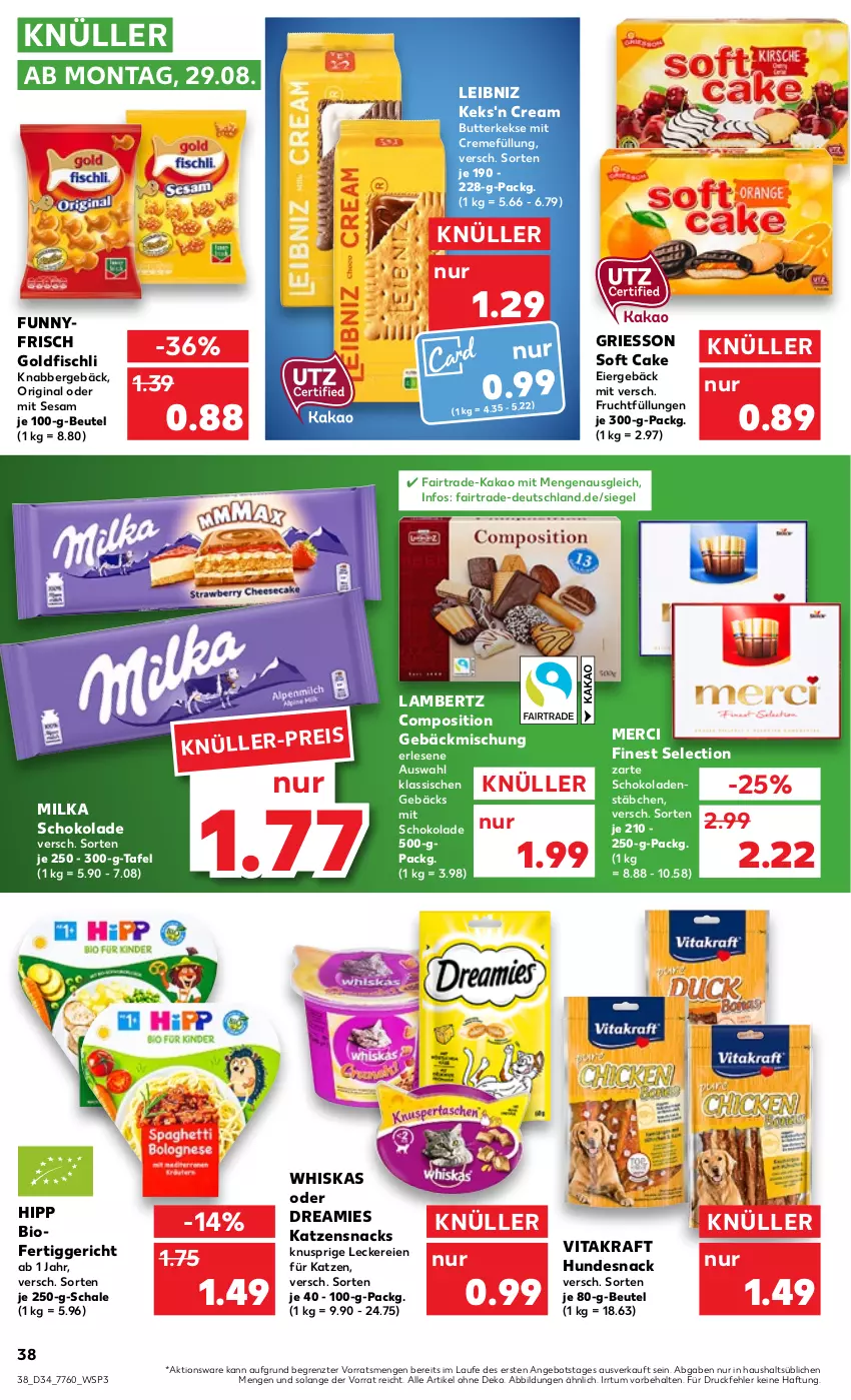 Aktueller Prospekt Kaufland - von 25.08 bis 31.08.2022 - strona 38 - produkty: Amber, angebot, beutel, bio, butter, butterkeks, creme, dreamies, eier, eis, fertiggericht, fisch, frucht, gebäckmischung, gin, Goldfischli, griesson, hipp, hundesnack, kakao, katzensnack, katzensnacks, keks, kekse, kraft, lambertz, leibniz, merci, milka, milka schokolade, Schal, Schale, schoko, schokolade, schokoladen, sesam, snack, snacks, Ti, vita, vitakraft, whiskas, ZTE