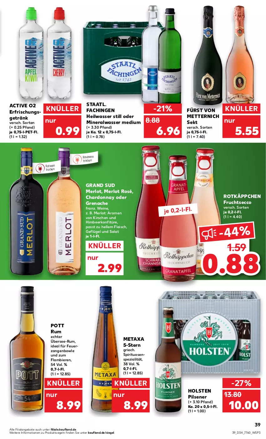 Aktueller Prospekt Kaufland - von 25.08 bis 31.08.2022 - strona 39 - produkty: Alwa, angebot, angebote, bier, Biere, bowle, chardonnay, ecco, eis, elle, erfrischungsgetränk, fleisch, frucht, fruchtsecco, fürst von metternich, Geflügel, getränk, grand sud, himbeer, holsten, holsten pilsener, kirsch, kirsche, kirschen, konfitüre, merl, merlot, Metaxa, Mett, metternich, mineralwasser, Mineralwasser Medium, pils, pilsener, roséwein, rotkäppchen, rotwein, rum, salat, sekt, Spezi, spirituosen, Staatl. Fachingen, Ti, wasser, wein, weine, Zangen