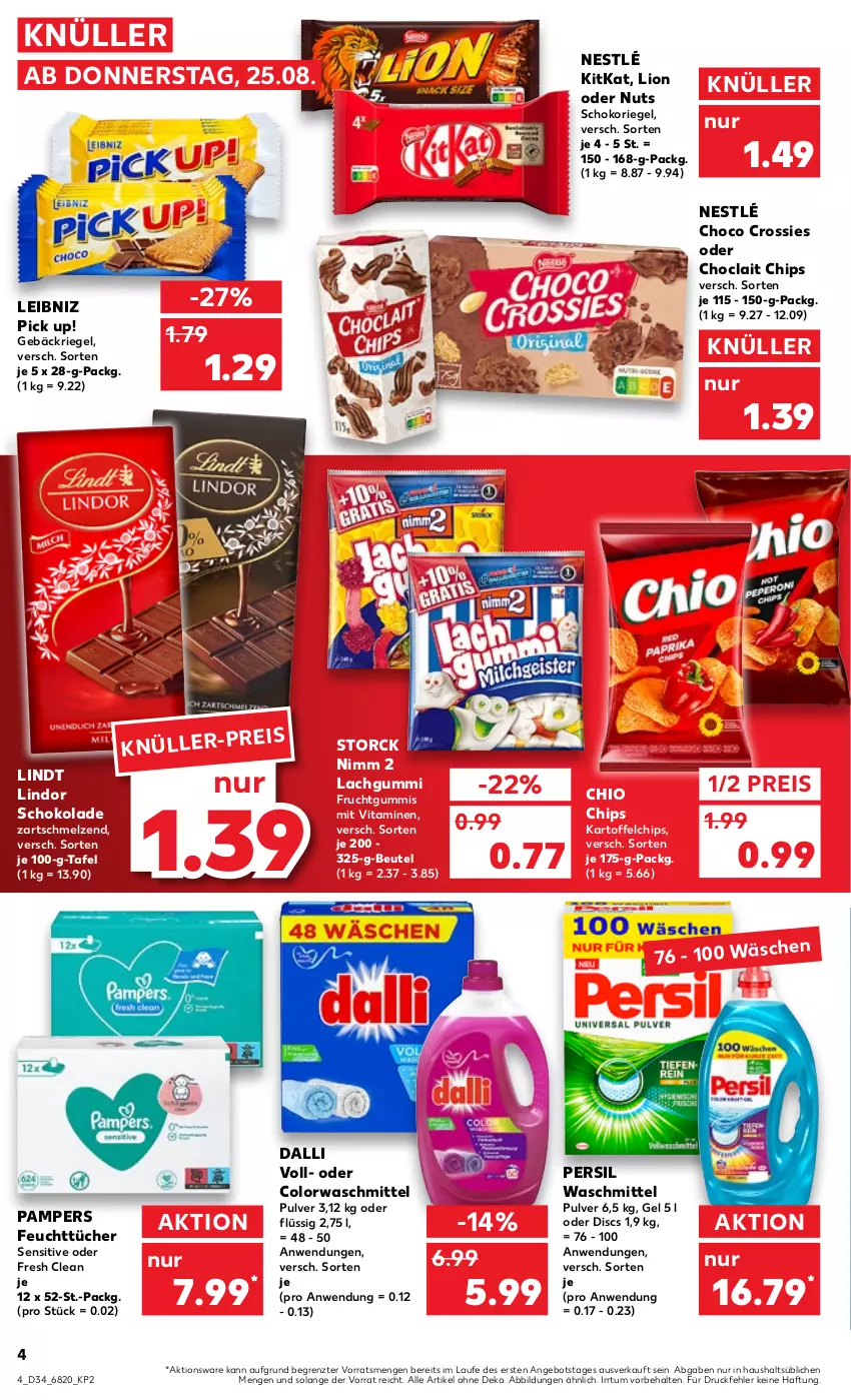 Aktueller Prospekt Kaufland - von 25.08 bis 31.08.2022 - strona 4 - produkty: angebot, beutel, chio chips, chips, choclait chips, choco crossies, colorwaschmittel, crossies, dalli, eis, feuchttücher, frucht, fruchtgummi, fruchtgummis, kartoffel, kartoffelchips, kitkat, lachgummi, leibniz, lindor, lindt, lion, nestlé, Nimm 2, pampers, persil, persil waschmittel, Pick Up!, reis, riegel, schoko, schokolade, schokoriegel, storck, Ti, tücher, vita, Vitamine, waschmittel, ZTE