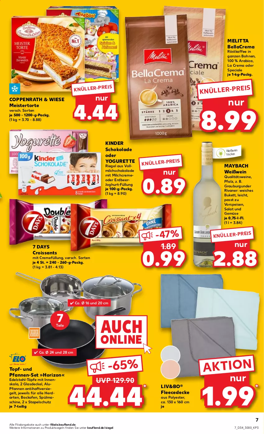 Aktueller Prospekt Kaufland - von 25.08 bis 31.08.2022 - strona 7 - produkty: angebot, angebote, backofen, bellacrema, bohne, bohnen, burgunder, coppenrath, creme, Croissant, croissants, decke, Deckel, edelstahl, eis, fleecedecke, Glasdeckel, grauburgunder, herdarten, joghur, joghurt, kaffee, Kinder, kinder schokolade, maybach, Meister, melitta, milch, oder yogurette, Ofen, pfanne, pfannen, pfannen-set, qualitätswein, qualitätsweine, riegel, Rivaner, röstkaffee, salat, schoko, schokolade, Ti, topf, torte, und gemüse, und pfanne, vollmilch, vorspeise, wein, weine, Weißwein, Yo, yogurette